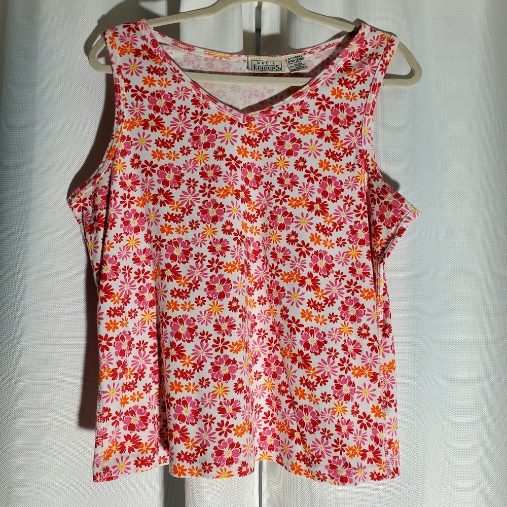 Basic Editions Pink, Orange & White Floral V-Neck Tank Top.